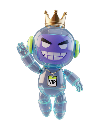 Caszilla Roboter-Mascot mit goldener Krone und VIP-Badge in schwebender Pose