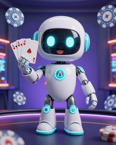 Fernando Roboter-Mascot im VIP Live Casino Raum mit Spielkarten und Neon-Akzenten