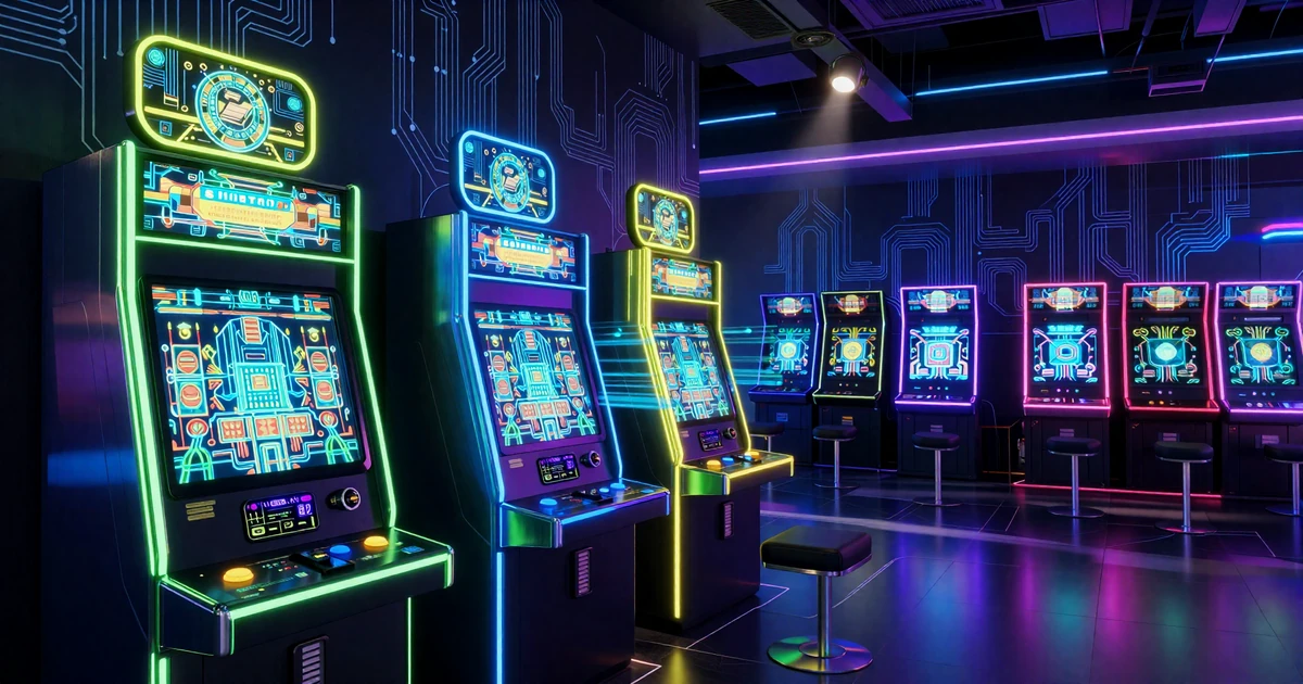 Futuristische Casino-Spiele-Lobby mit leuchtenden Slot-Maschinen in einer Neon-Arkade der Bot-Town