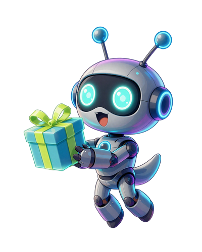 Caszilla Roboter-Mascot h&auml;lt leuchtendes Neon-Geschenk mit freudigem Gesichtsausdruck schwebend