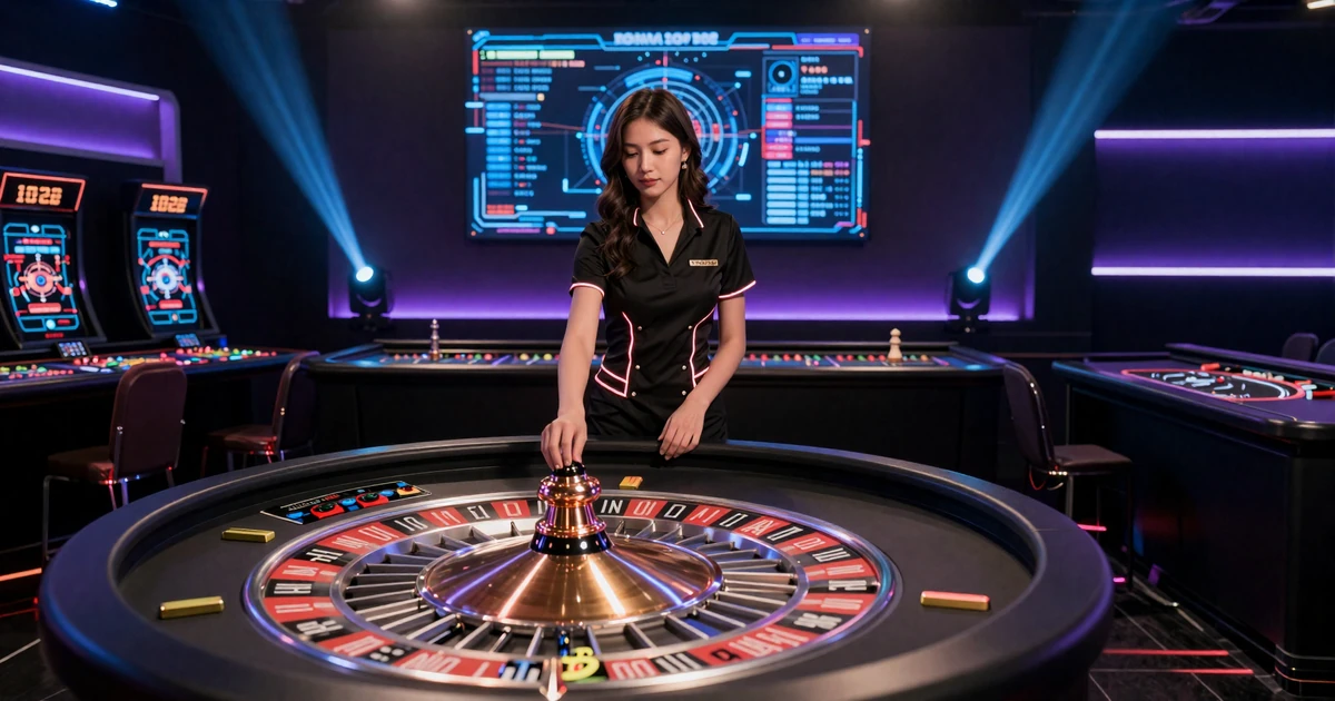 Live Casino Studio mit Roulette-Tisch und Dealerin in Neon-Uniform bei Casoola Casino