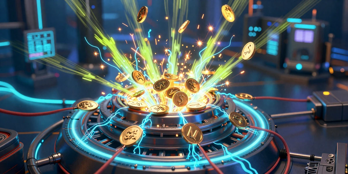 Goldene M&uuml;nzen und elektrische Funken str&ouml;men aus futuristischem Reaktorkern mit pulsierenden Neon-Kabeln