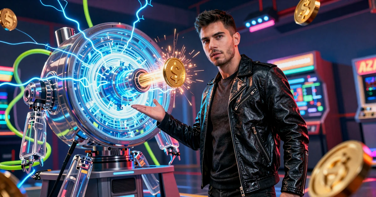 Jackpot-Reaktor mit Modell in Ledjacke am pulsierenden blauen Energienkern und Caszilla beschleunigt goldenen M&uuml;nzstrom mit Funken